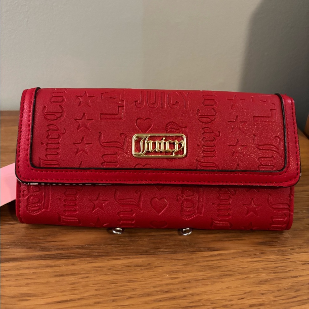 Juicy Couture Deboss Red Faux Leather Embossed Logo Flap Clutch Wallet NWT